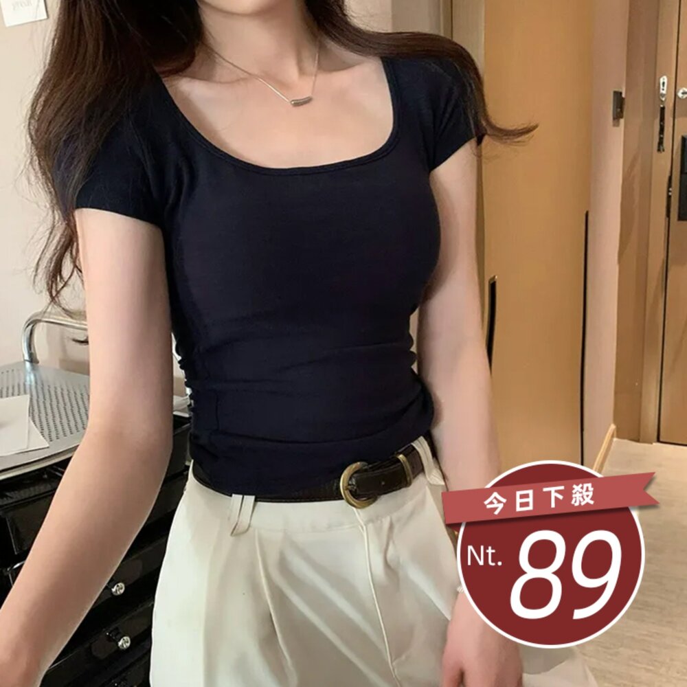 T307-2-【台灣發貨】韓版方領顯瘦短袖上衣 衣服 女裝 t恤 短袖t恤 上衣【T307】