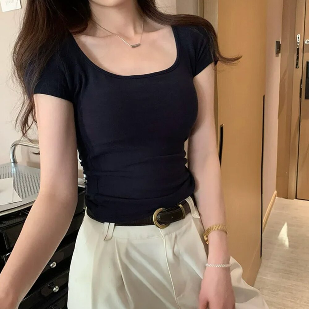 【台灣發貨】韓版方領修身顯瘦短袖上衣 衣服 女裝 t恤 短袖t恤 上衣【T307】-圖片-10