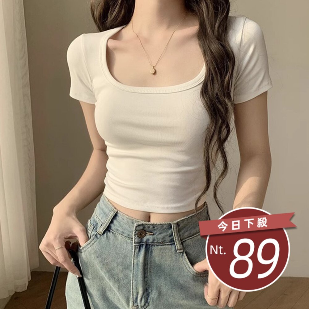  【台灣發貨】韓版方領緊身短版上衣 衣服 女裝 t恤 短袖t恤 上衣【T307】