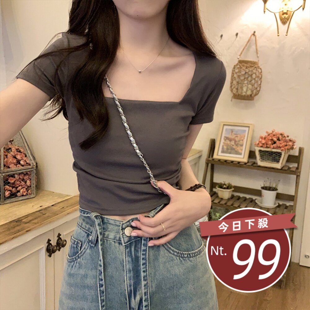 T355-【台灣發貨】韓版顯瘦方領短版上衣 衣服 女裝 t恤 短袖t恤 上衣【T355】