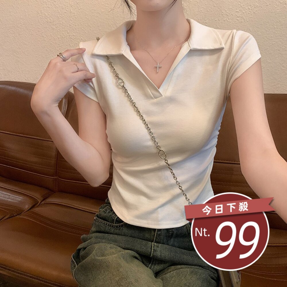T574-【台灣發貨】韓版設計感翻領短袖上衣 衣服 女裝 t恤 短袖t恤 上衣【T574】