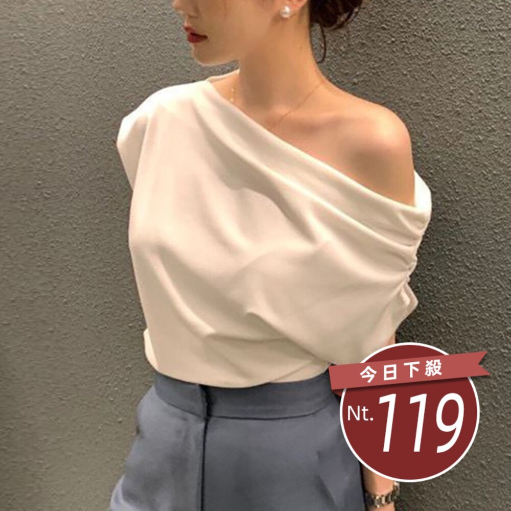 T603-【台灣發貨】韓版設計感斜肩寬鬆短袖上衣 衣服 女裝 t恤 短袖t恤 上衣【T603】