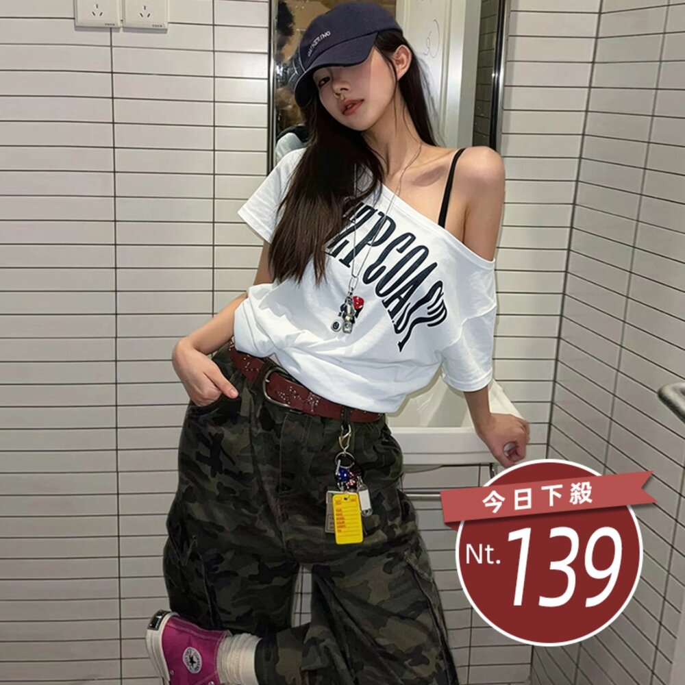 T667-【台灣發貨】韓版美式復古斜肩上衣 衣服 女裝 t恤 短袖t恤 上衣【T667】