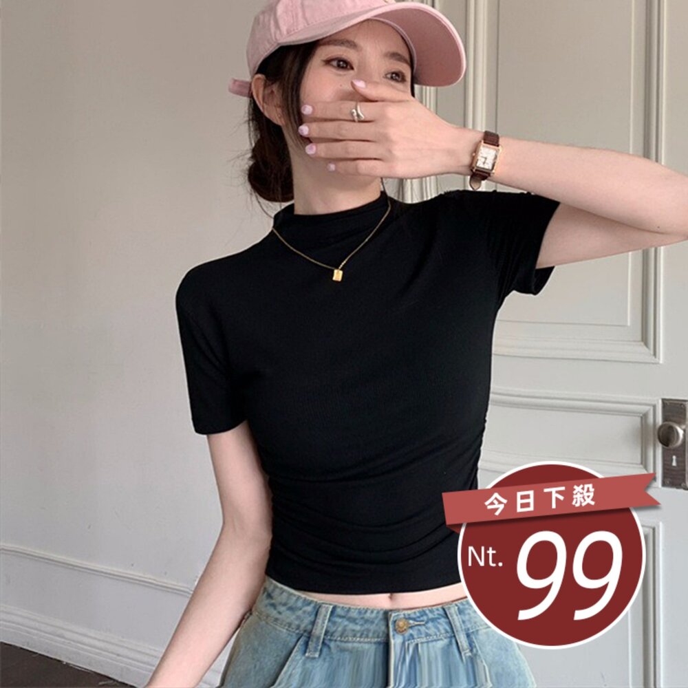 T687-3-【台灣發貨】韓版修身顯瘦半高領短版上衣 衣服 女裝 t恤 短袖t恤 上衣【T687】