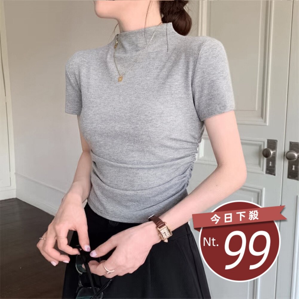 T687-4-【台灣發貨】韓版氣質半高領褶皺短版上衣 衣服 女裝 t恤 短袖t恤 上衣【T687】