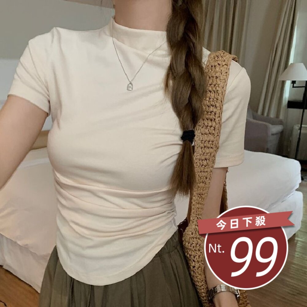 T688-【台灣發貨】韓版氣質半高領設計感短袖上衣 衣服 女裝 t恤 短袖t恤 上衣【T688】