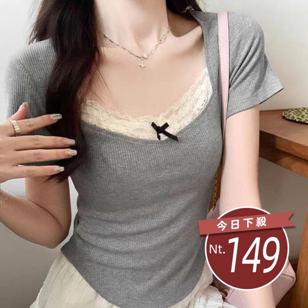 T696-【台灣發貨】韓版蕾絲花邊設計感短袖上衣 衣服 女裝 t恤 短袖t恤 上衣【T696】