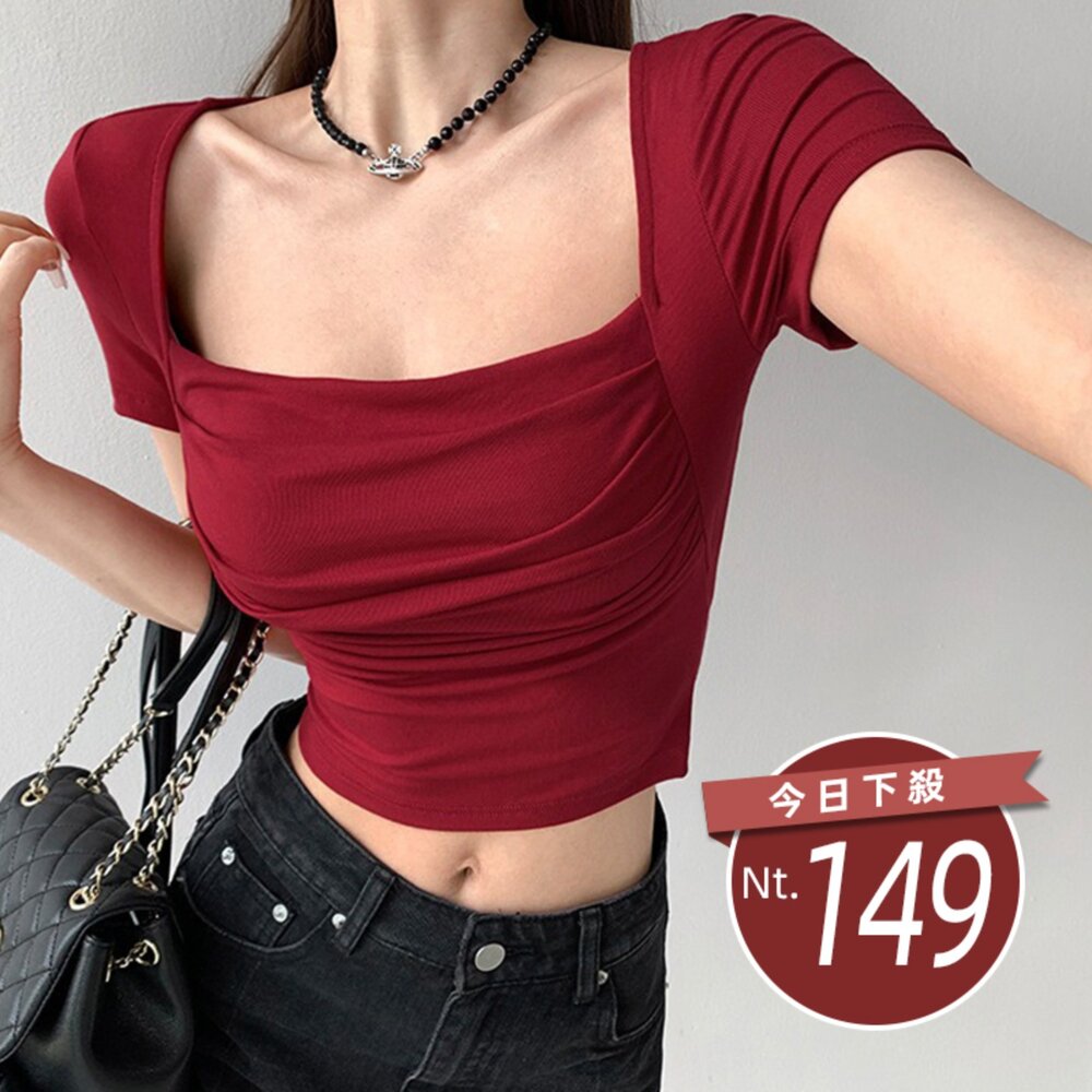 T702-【台灣發貨】韓版顯瘦褶皺方領短袖上衣 衣服 女裝 t恤 短袖t恤 上衣【T702】