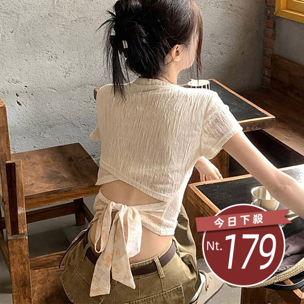 T704-1-【台灣發貨】韓版露背綁帶設計感微透短袖上衣 衣服 女裝 t恤 短袖t恤 上衣【T704】