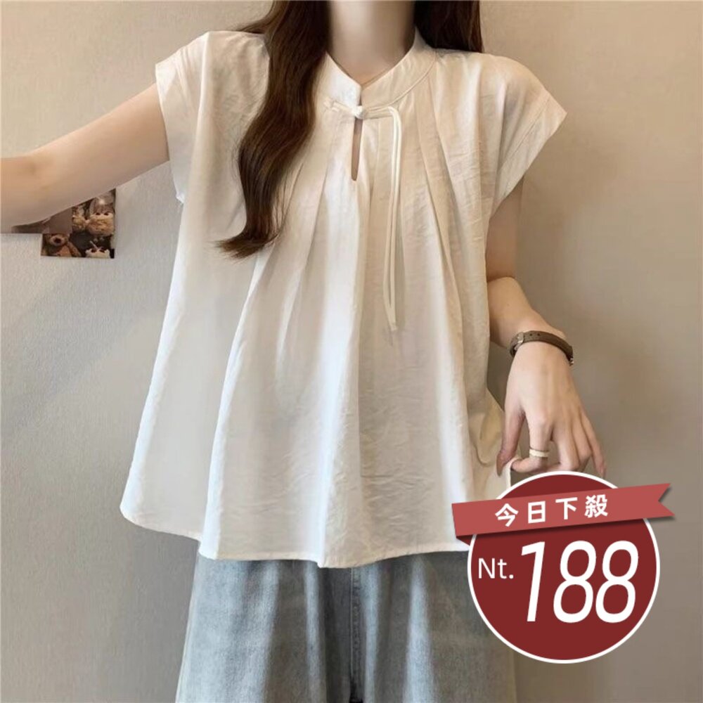 T706-【台灣發貨】韓版新中式寬鬆短袖襯衫 衣服 女裝 t恤 短袖t恤 上衣【T706】