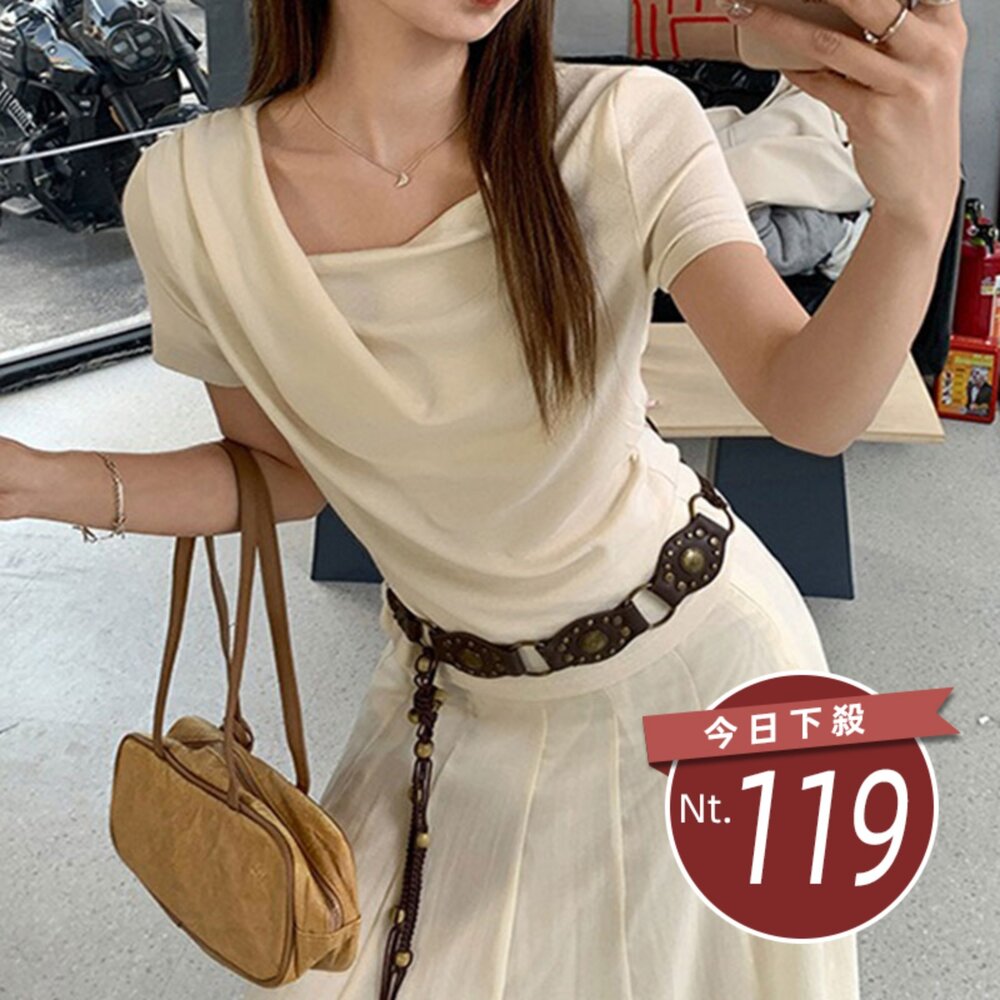 T711-【台灣發貨】韓版氣質不規則露肩短袖上衣 衣服 女裝 t恤 短袖t恤 上衣【T711】