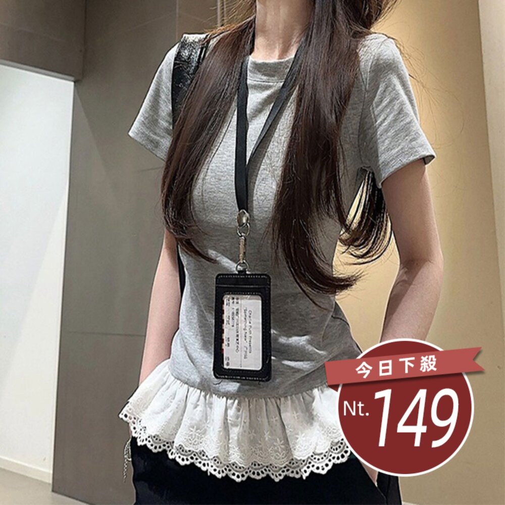T713-【台灣發貨】韓版設計感拼接蕾絲短袖上衣 衣服 女裝 t恤 短袖t恤 上衣【T713】