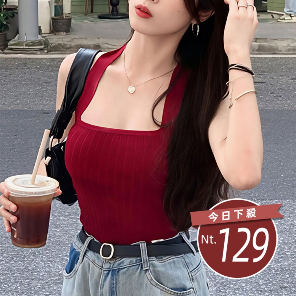 V459-【台灣發貨】韓版氣質方領綁帶針織背心 小可愛 背心 衣服 女裝 上衣【V459】