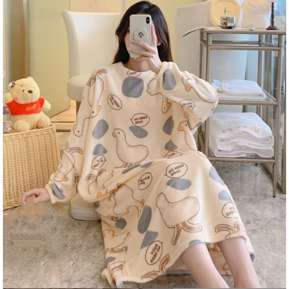 台灣出貨 冬款女生 保暖睡衣 睡裙 法蘭絨睡裙 珊瑚絨睡裙 保暖睡裙 保暖睡衣 長版睡衣-圖片-3