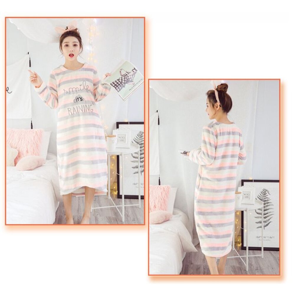 台灣出貨 冬款女生 保暖睡衣 睡裙 法蘭絨睡裙 珊瑚絨睡裙 保暖睡裙 保暖睡衣 長版睡衣-圖片-5