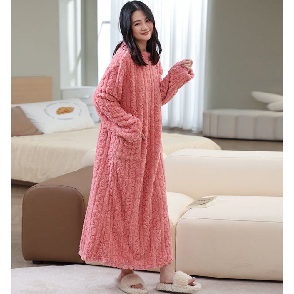 台灣出貨 冬款女生 保暖睡衣 睡裙 法蘭絨睡裙 珊瑚絨睡裙 保暖睡裙 保暖睡衣 長版睡衣-圖片-6