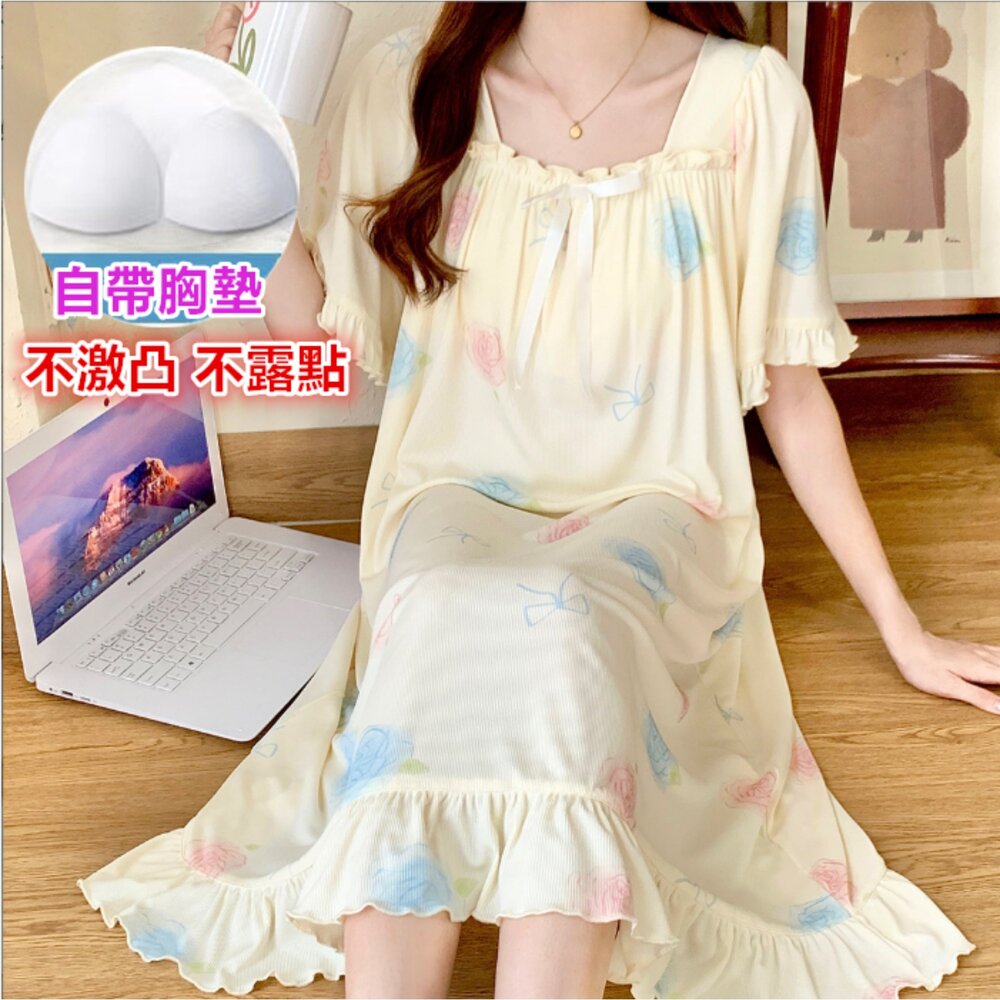 🎀台灣🎀 女 冰絲睡裙 冰絲睡衣 連衣裙 睡衣 短袖睡衣 居家服 涼感睡裙 涼感睡衣-圖片-2