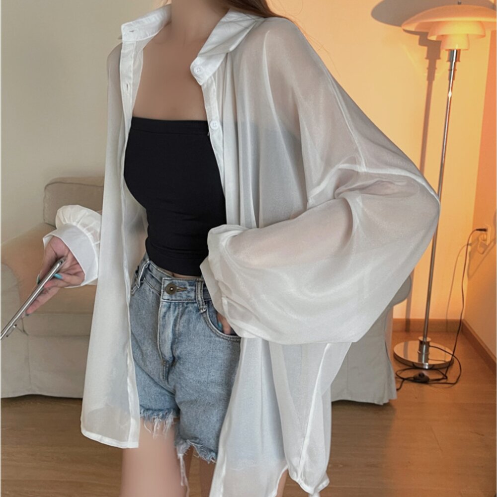 台灣 防曬透膚感襯衫 冰絲感 長袖 罩衫 長袖防曬外套 女裝 防曬襯衫外套 韓版襯衫外套-圖片-6