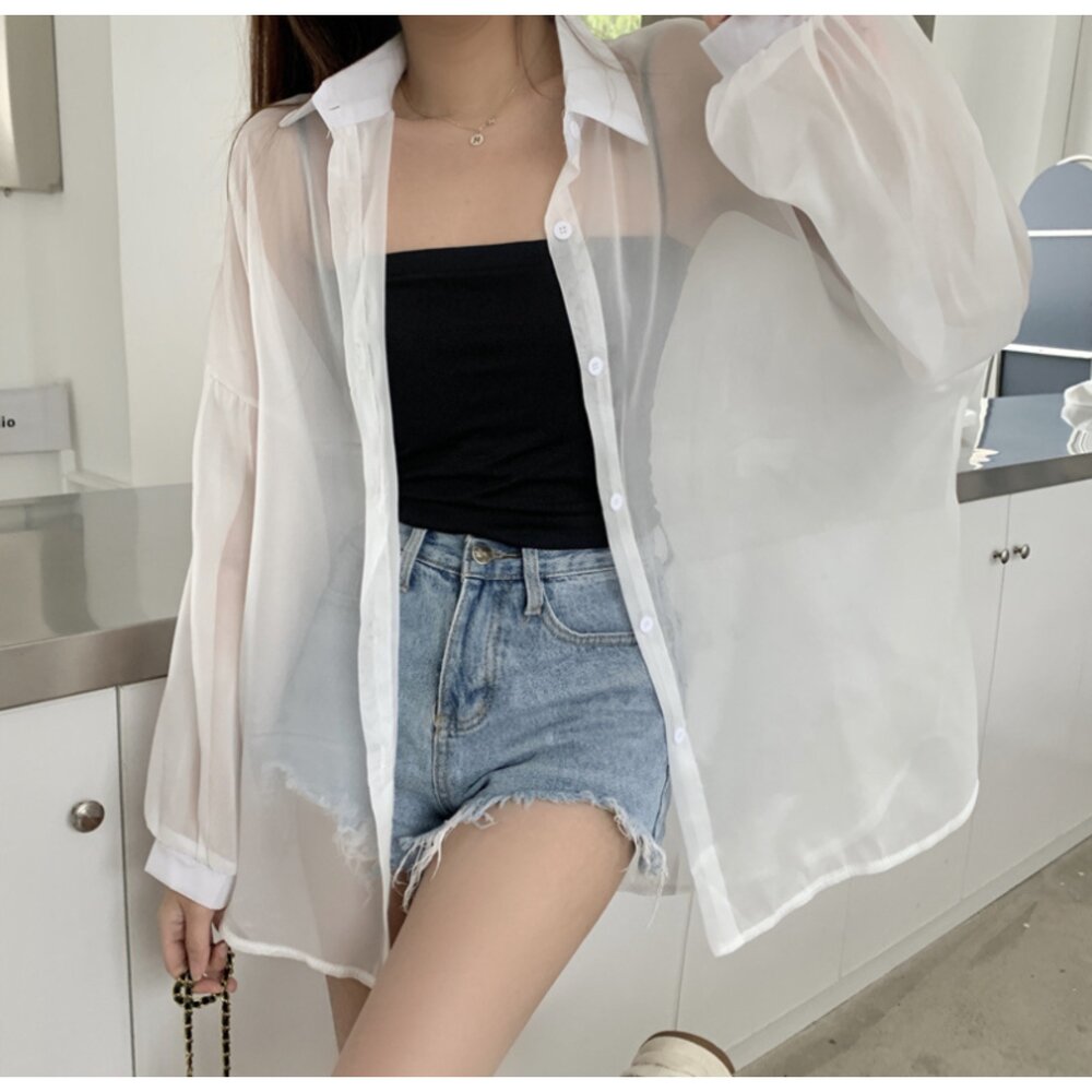 台灣 防曬透膚感襯衫 冰絲感 長袖 罩衫 長袖防曬外套 女裝 防曬襯衫外套 韓版襯衫外套-圖片-7