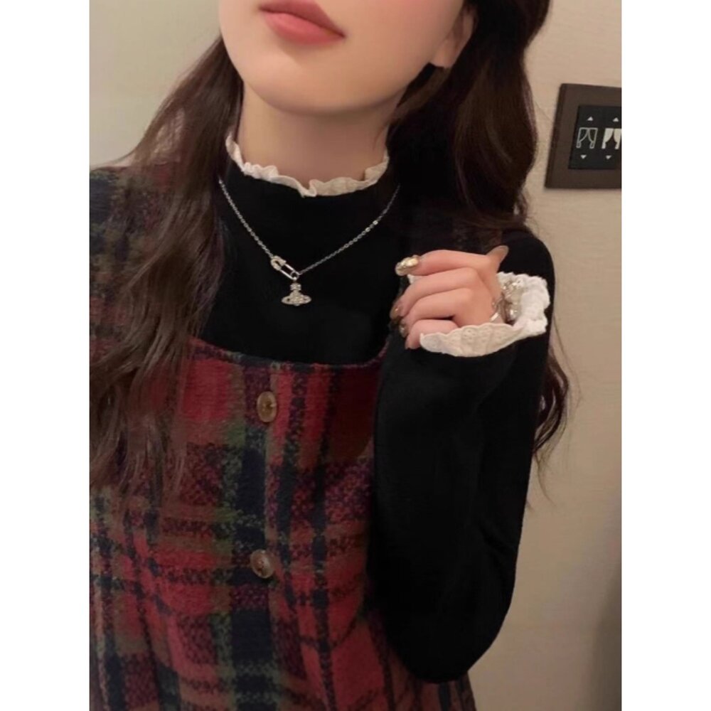 保暖半高領內搭衣 女裝 打底衫 保暖上衣 磨毛內搭衣 蕾絲花邊打底衫 修身長袖內搭-圖片-1
