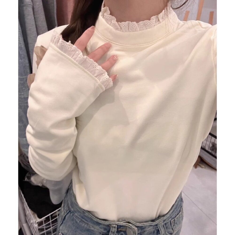 保暖半高領內搭衣 女裝 打底衫 保暖上衣 磨毛內搭衣 蕾絲花邊打底衫 修身長袖內搭-圖片-3