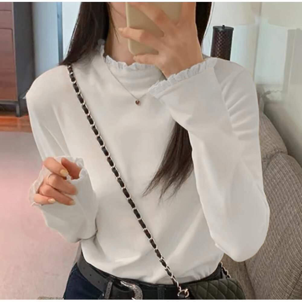 保暖半高領內搭衣 女裝 打底衫 保暖上衣 磨毛內搭衣 蕾絲花邊打底衫 修身長袖內搭-圖片-4