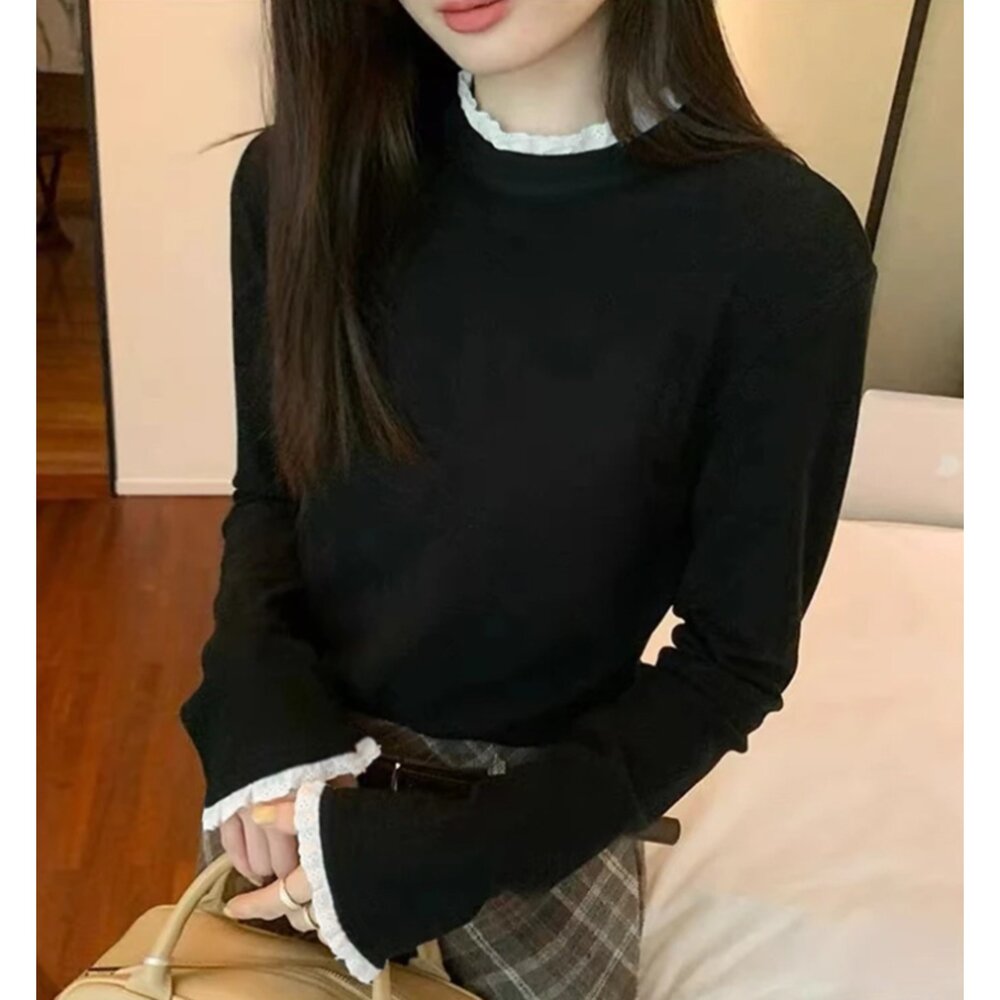 保暖半高領內搭衣 女裝 打底衫 保暖上衣 磨毛內搭衣 蕾絲花邊打底衫 修身長袖內搭-圖片-5