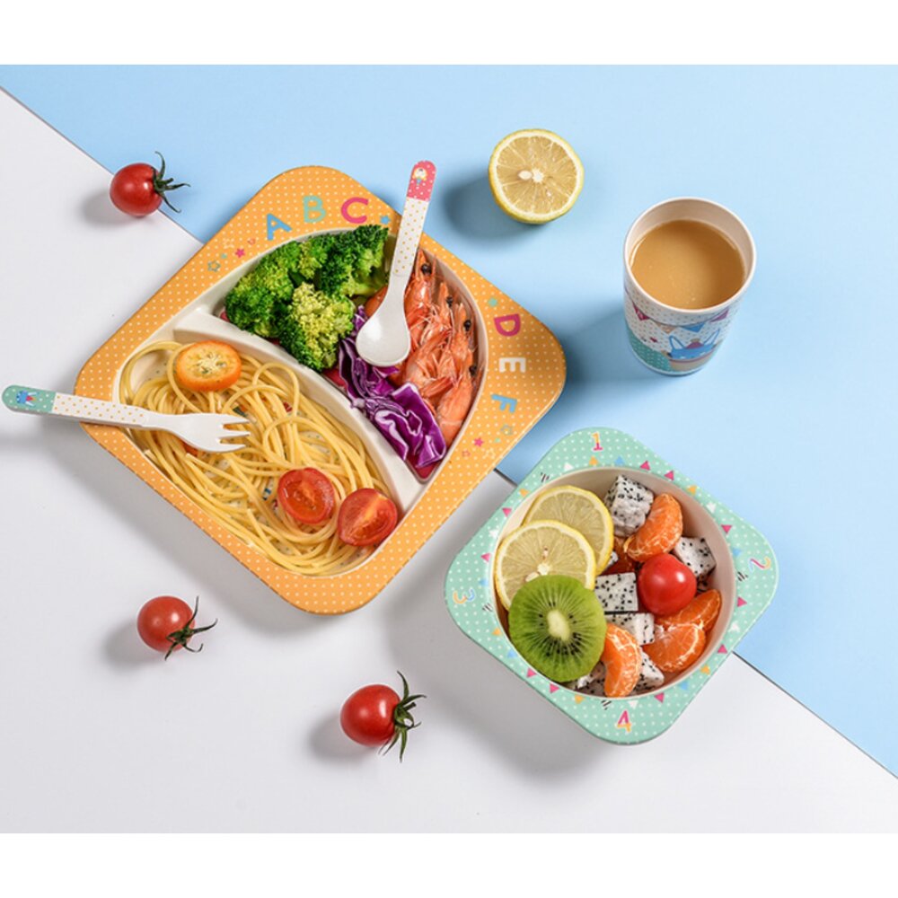 台灣出貨 新款環保竹纖維材質兒童餐具五件組套 卡通碗輔食分格餐盤 寶寶餐具 -圖片-6