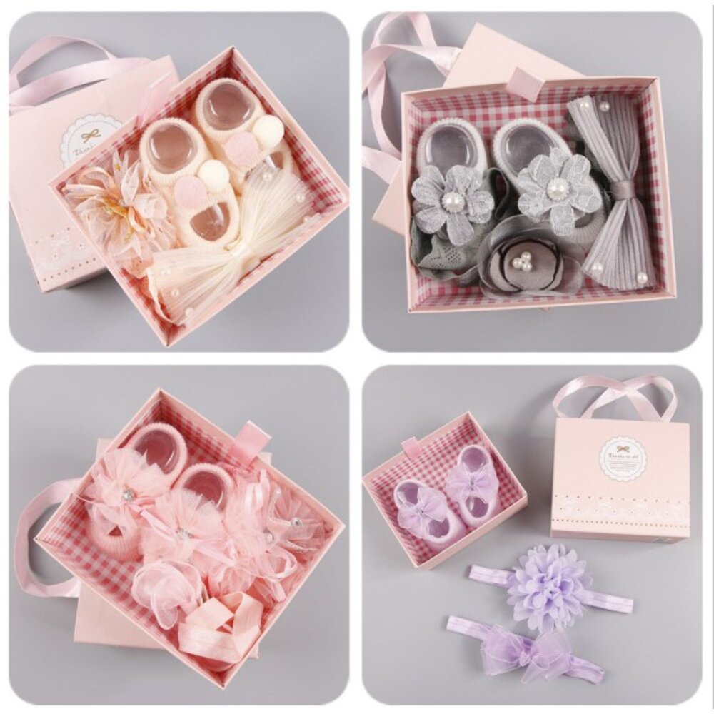 S1-1043396529-不規則網紗蝴蝶結髮帶襪子套裝 寶寶髮帶手提禮盒