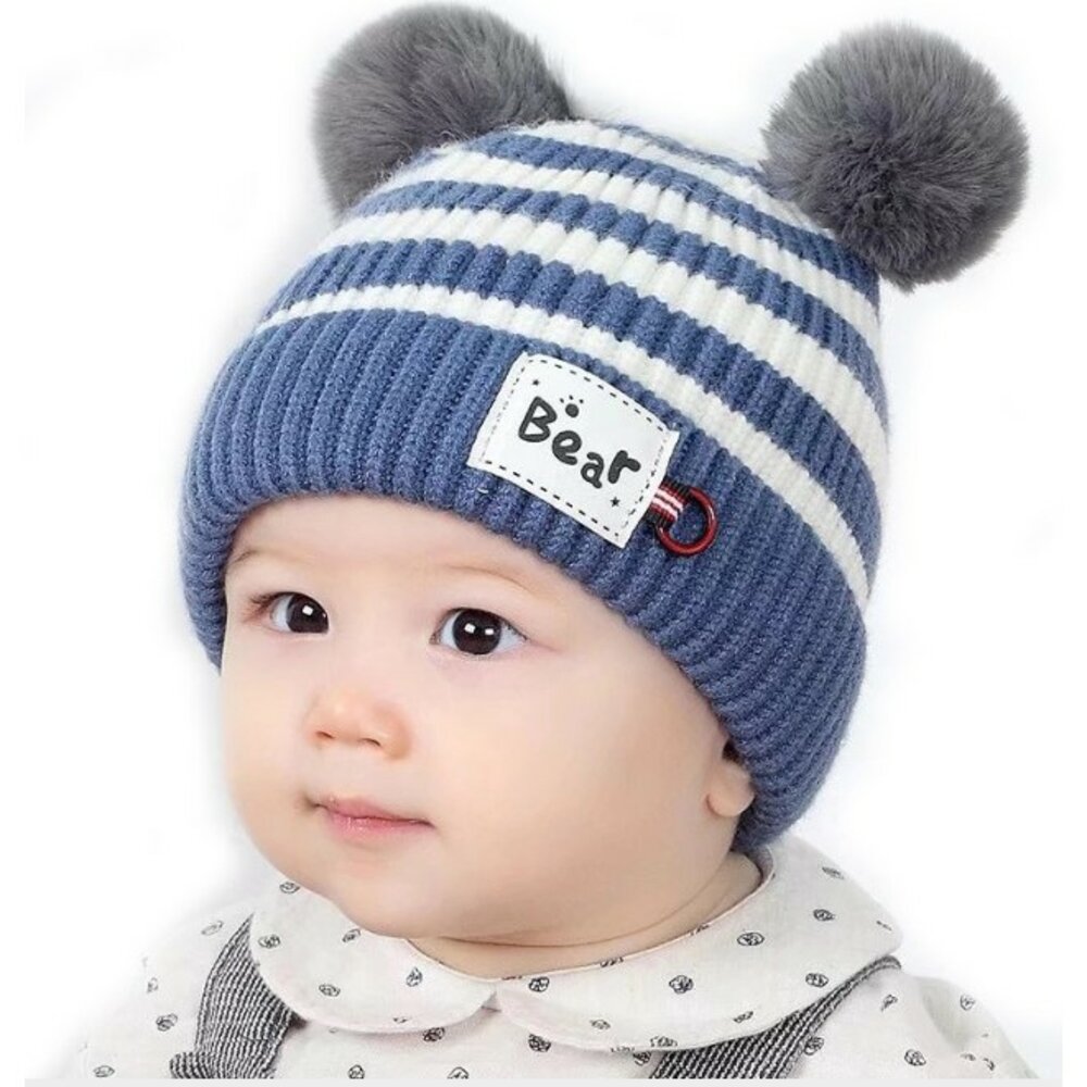 S1-1502793753-() 兒童條紋針織套頭帽秋冬新款雙球毛線帽時尚條紋寶寶護耳帽子yx-0701