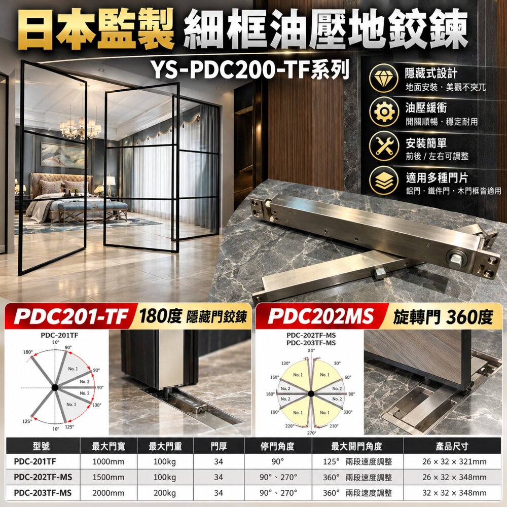 261021160052-日本監製 YS-PDC201 PDC202 100KG 細框油壓地鉸鍊 地鉸鍊 緩衝鉸鍊 旋轉門