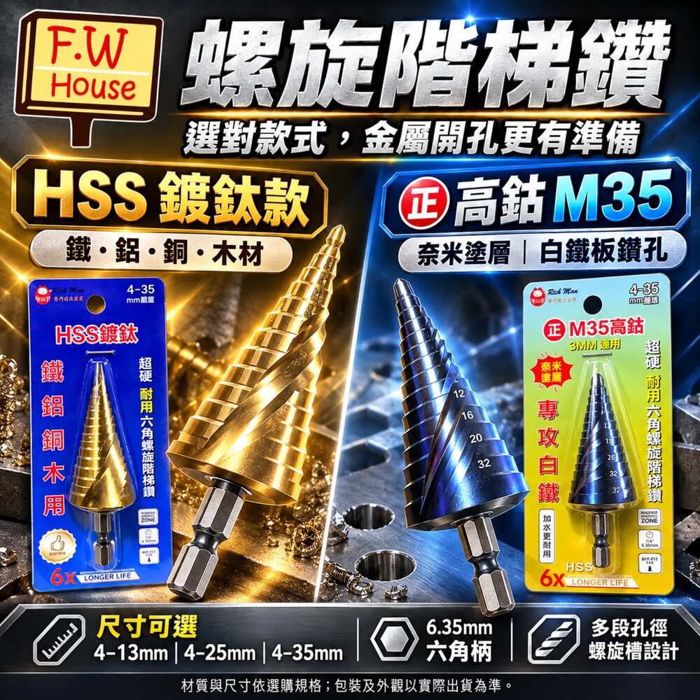 S1-00104-外銷歐美 M35 正高鈷 奈米塗層 白鐵專用 六角柄 6.35mm 螺旋階梯鑽 鑽尾 開孔器 階梯鑽 白鐵板剋星