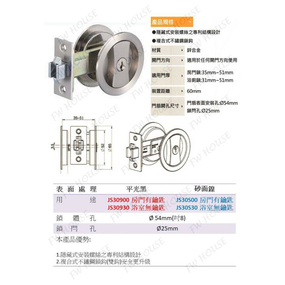 S1-01280-JS30S00 鋅合金 拉門鎖 幸福牌 東隆五金