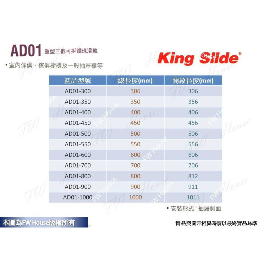 川湖 King Slide AD01 重型三截可拆鋼珠滑軌 (附螺絲) 台灣製 櫥櫃 鋼珠滑軌 滑軌-圖片-1