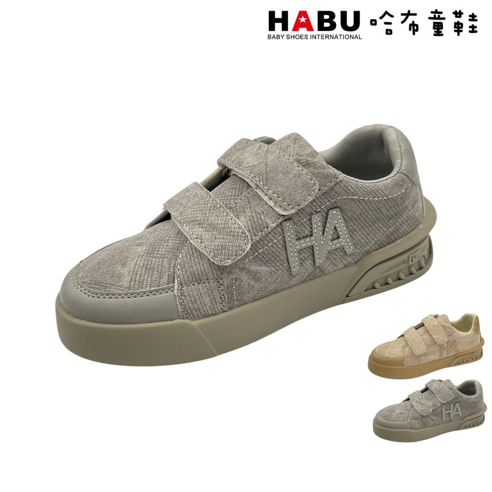 1091-GR-HABU哈布童鞋 免綁鞋帶 黏扣帶 休閒板鞋 (灰) 1091-GR