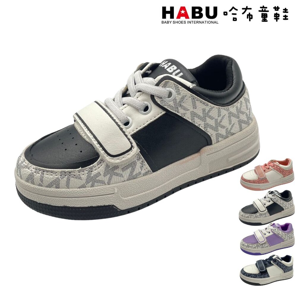 1092-BK-HABU哈布童鞋 皮革滿版LOGO平底板鞋(黑) 1092-BK