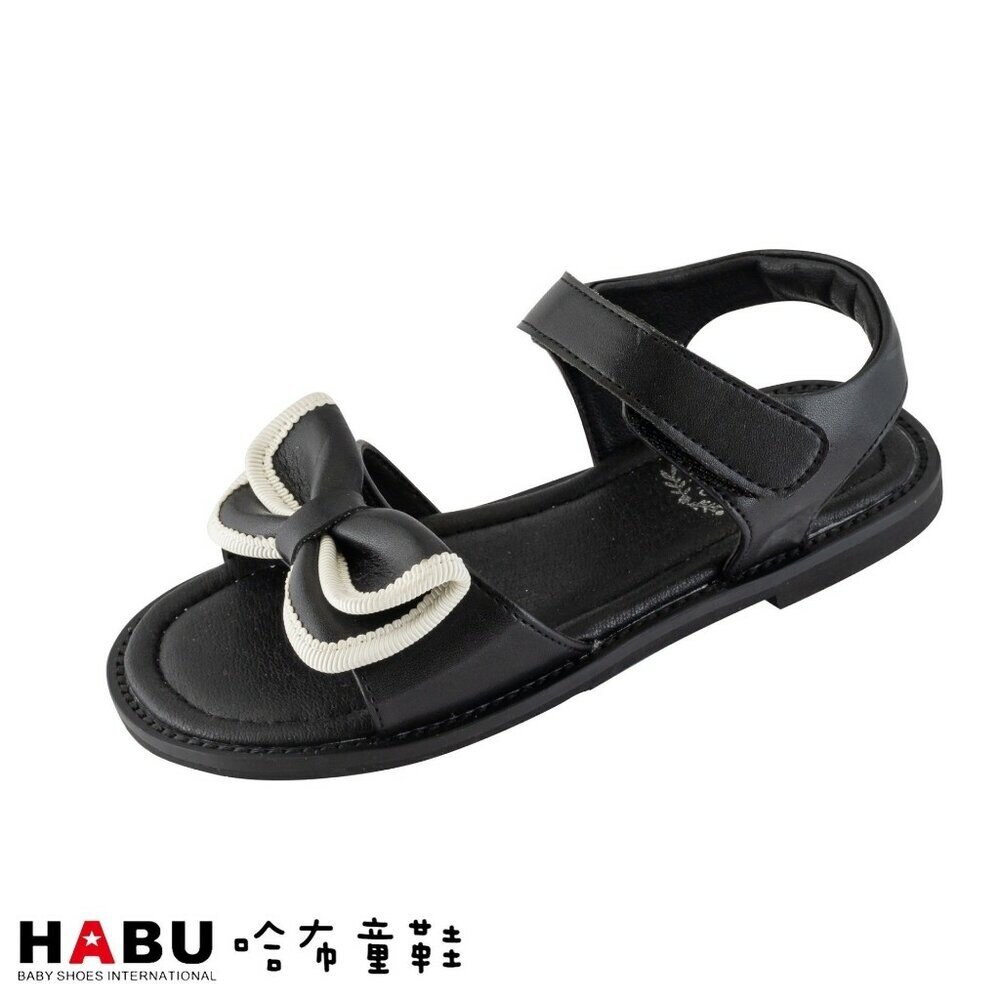 2157-BK-HABU哈布童鞋 撞色蝴蝶結 露趾夏日涼鞋 素雅黑色 2157-BK