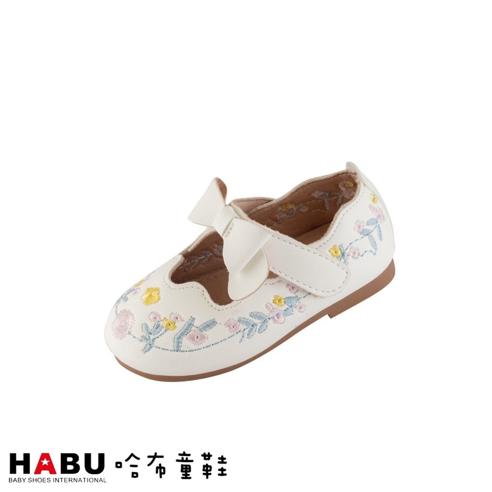 2160-WH-HABU哈布童鞋 古典刺繡 娃娃鞋 蝴蝶結 魔鬼氈 繫帶公主鞋 2160-WH