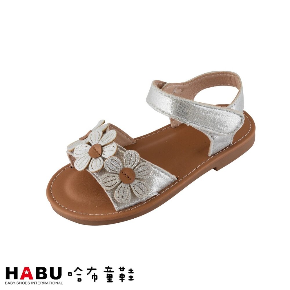 2165-SV-HABU哈布童鞋 立體花朵 魔鬼氈 繫帶涼鞋 銀 2165-SV