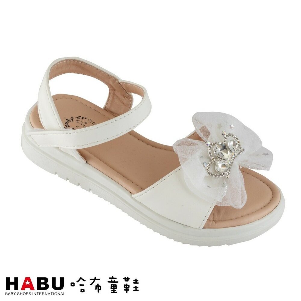 2188-WH-HABU哈布童鞋 水晶皇冠蝴蝶結涼鞋-白色 2188-WH