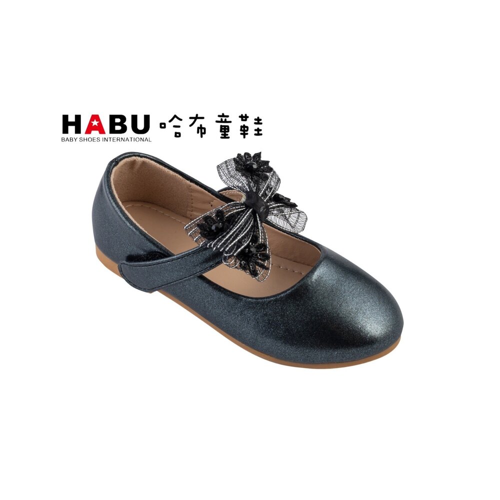 2232-BK-HABU哈布童鞋 花朵綻放蝴蝶結 娃娃鞋 極光黑色 公主鞋 2232-BK