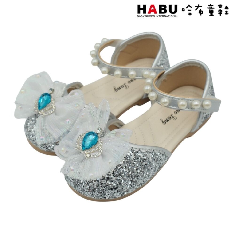 2250-SV-HABU哈布童鞋 閃閃亮片 蝴蝶結 公主鞋 珍珠鑽石 娃娃鞋 包鞋 涼鞋 銀 2250-SV