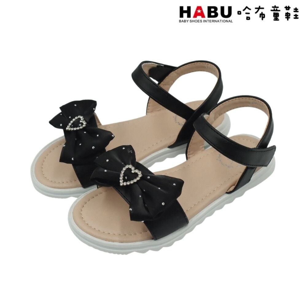 2275-BK-HABU哈布童鞋 氣質優雅 夏日涼鞋 鑽石愛心 蝴蝶結 平底鞋 黑 2275-BK