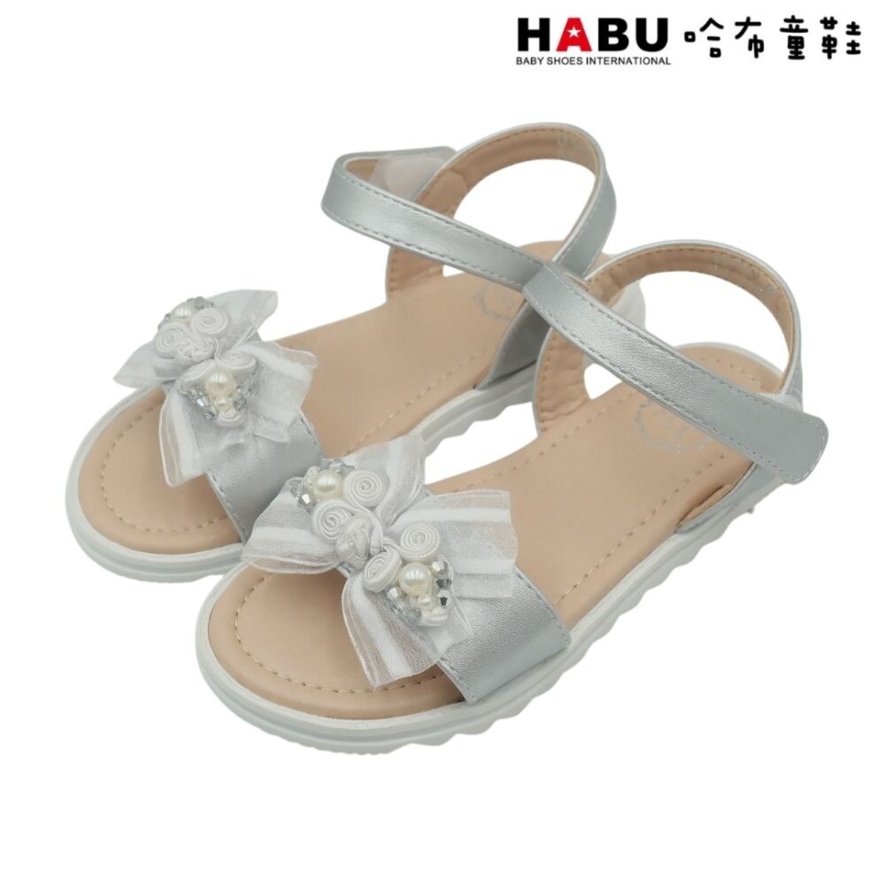 2276-SV-HABU哈布童鞋 氣質優雅 夏日涼鞋 珍珠花瓣 蝴蝶結 平底鞋 銀 2276-SV