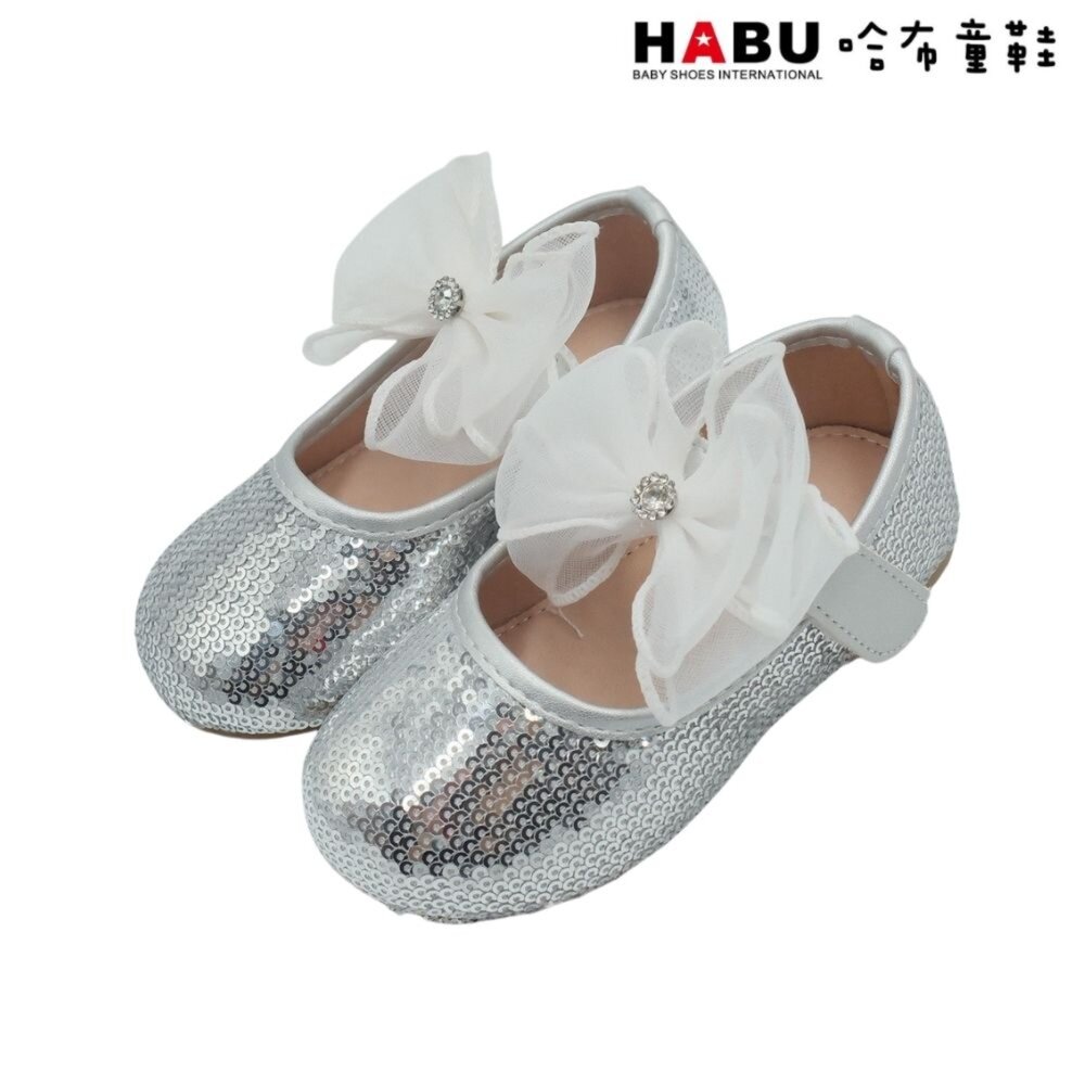 2285-SV-HABU 哈布童鞋 閃閃亮片 鑽石 緞帶蝴蝶結 娃娃鞋 公主鞋 包鞋 銀 2285-SV