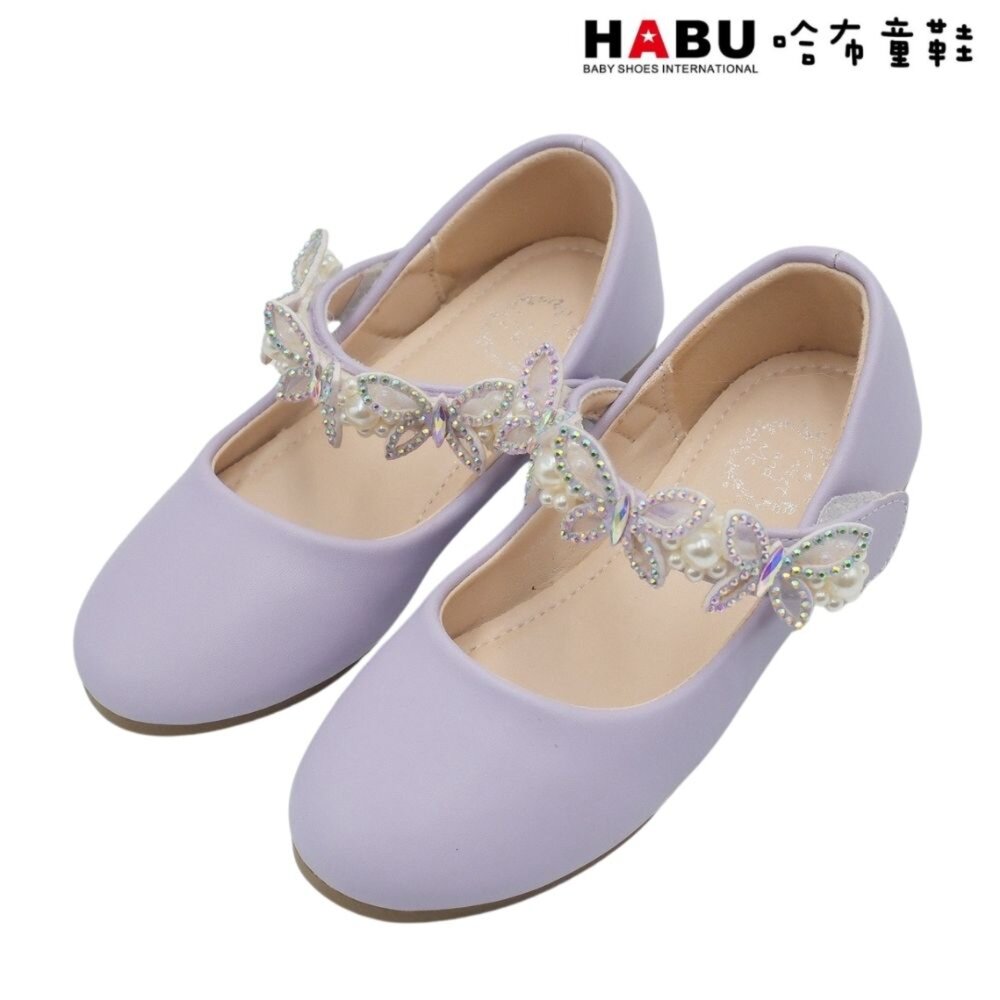 2286-PR-HABU 哈布童鞋 閃亮鑽石 珍珠蝴蝶 娃娃鞋 公主鞋 包鞋 紫 2286-PR
