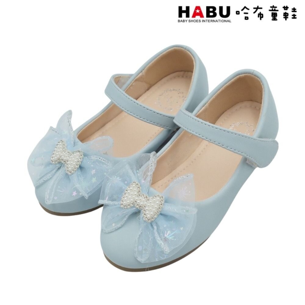 2289-BL-HABU 哈布童鞋 閃亮珍珠 蕾絲緞帶 蝴蝶結 娃娃鞋 公主鞋 包鞋 氣質 藍 2289-BL