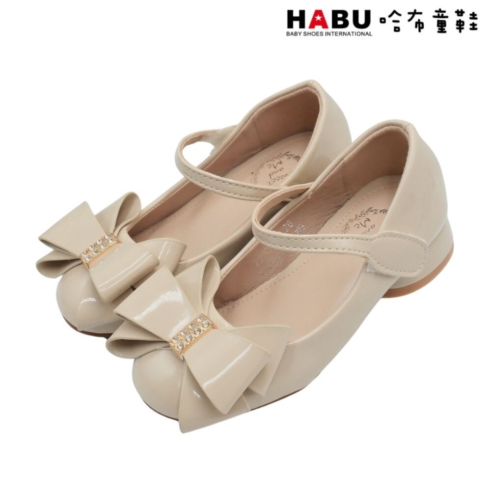 2293-BE-HABU 哈布童鞋 氣質蝴蝶結 娃娃鞋 公主鞋 包鞋 典雅 漆皮 低跟鞋 杏 奶茶 2293-BE