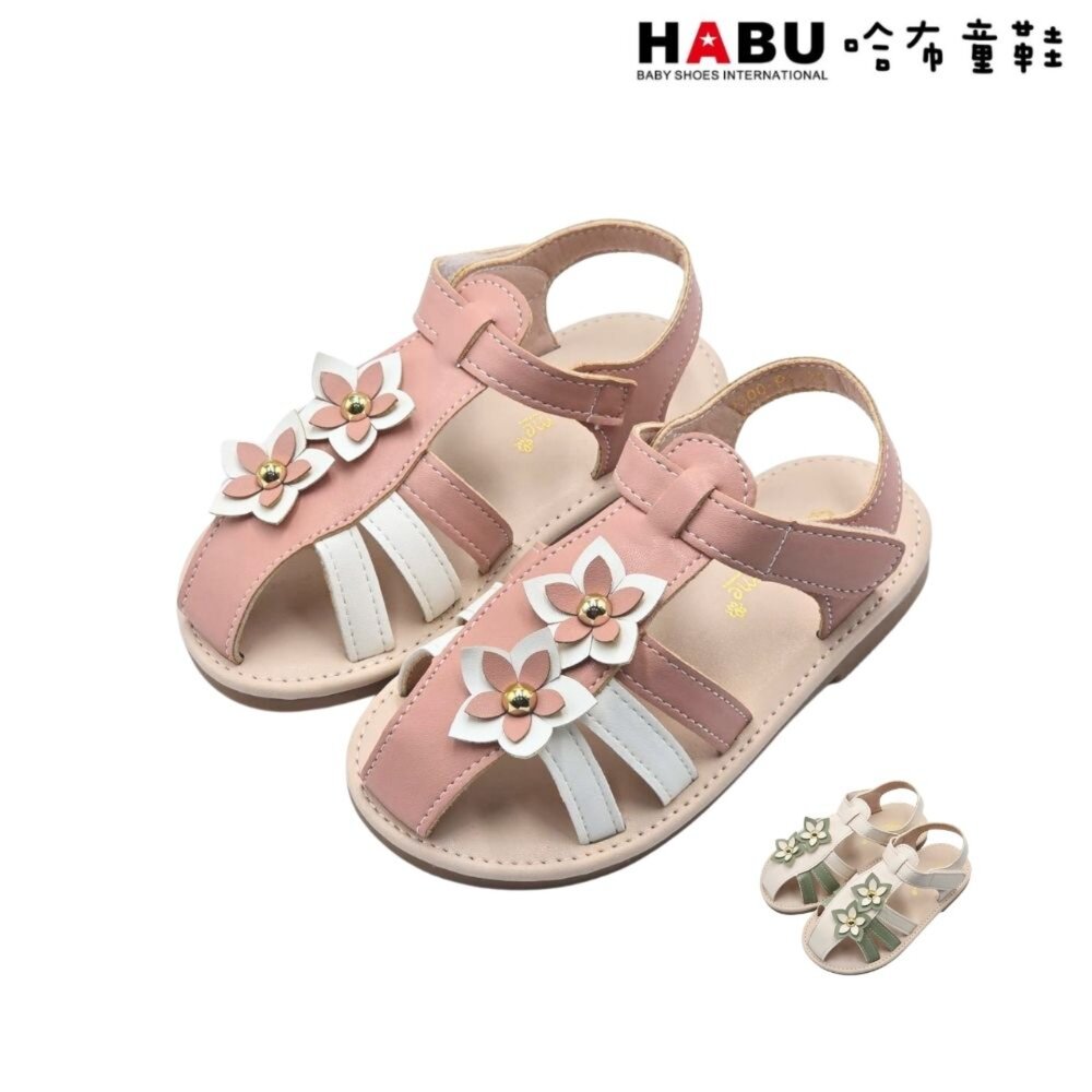 2300-PI-HABU哈布童鞋 涼鞋 羅馬鞋 涼拖鞋 氣質 小花 護趾 包趾涼鞋 平底涼鞋 公主涼鞋 2300-PI