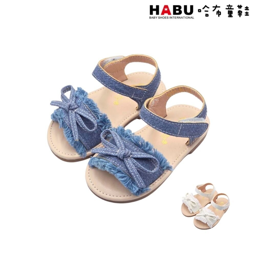 2304-BL-HABU哈布童鞋 涼鞋 涼拖鞋 蝴蝶結 牛仔布 丹寧布 抓鬚 平底涼鞋 公主涼鞋 戶外 休閒 2304-BL